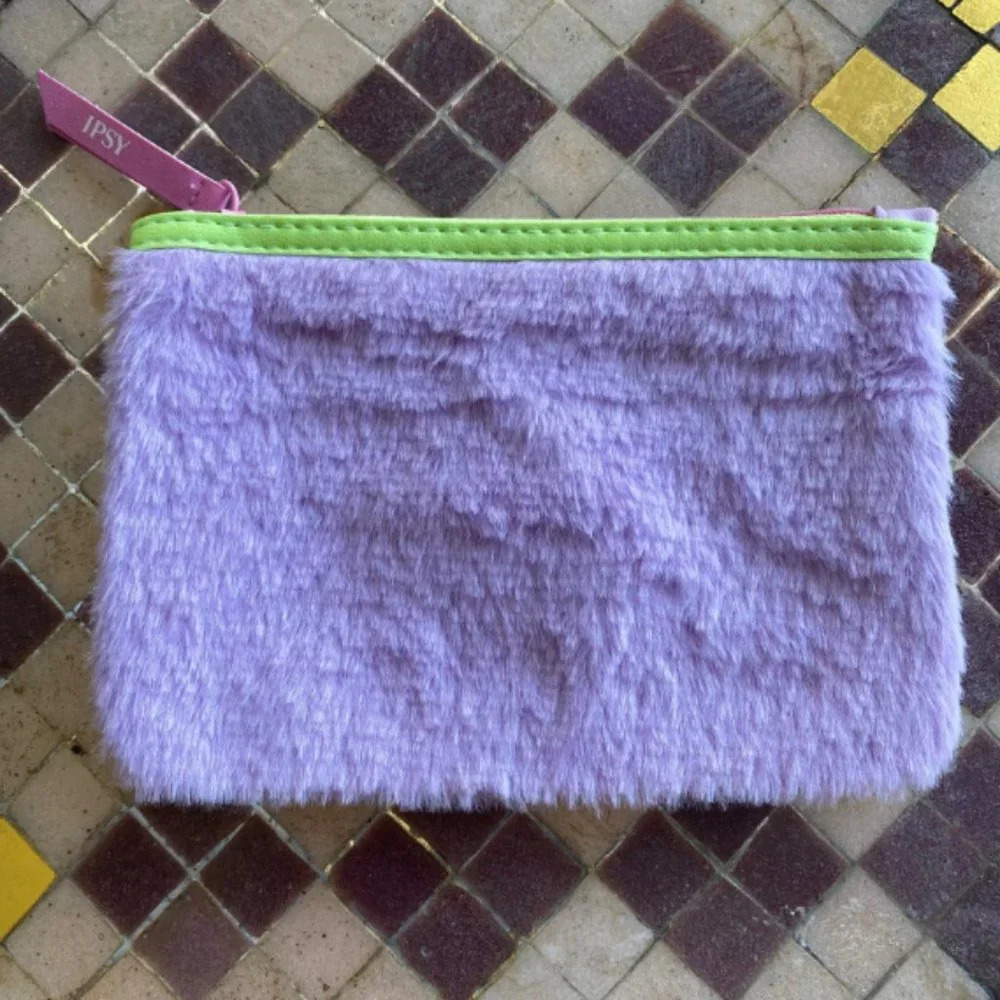 Like New Ipsy Fuzzy Furry Lavender Purple and Neon Green Cosmetics Pouch Bag
